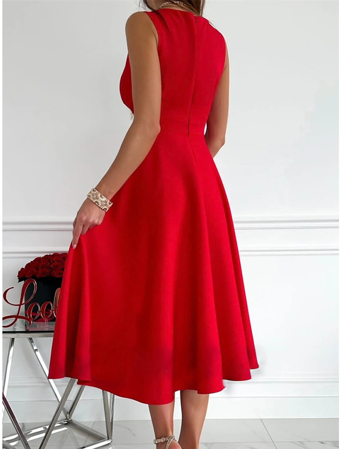 Abito da festa da donna, abito da capodanno, abito da ballo, abito da cocktail, abito midi, rosa chiaro, nero, rosso, senza maniche, arricciato, estivo, primaverile, scollo a V, compleanno
